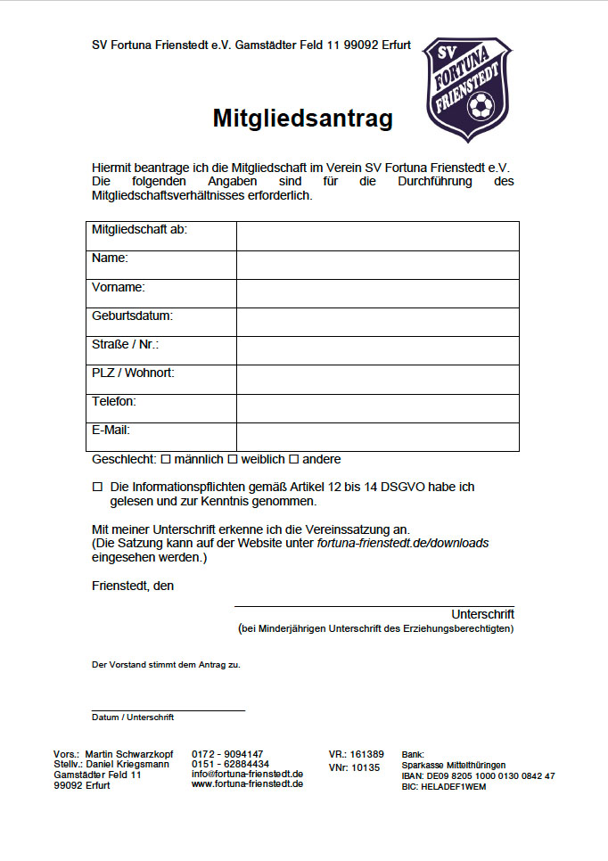 Mitgliedsantrag Fortuna Erfurt und Fortuna Frienstedt